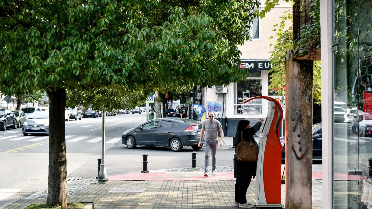 People interacting on a busy city street with moving cars and leafy trees creating a lively urban atmosphere.